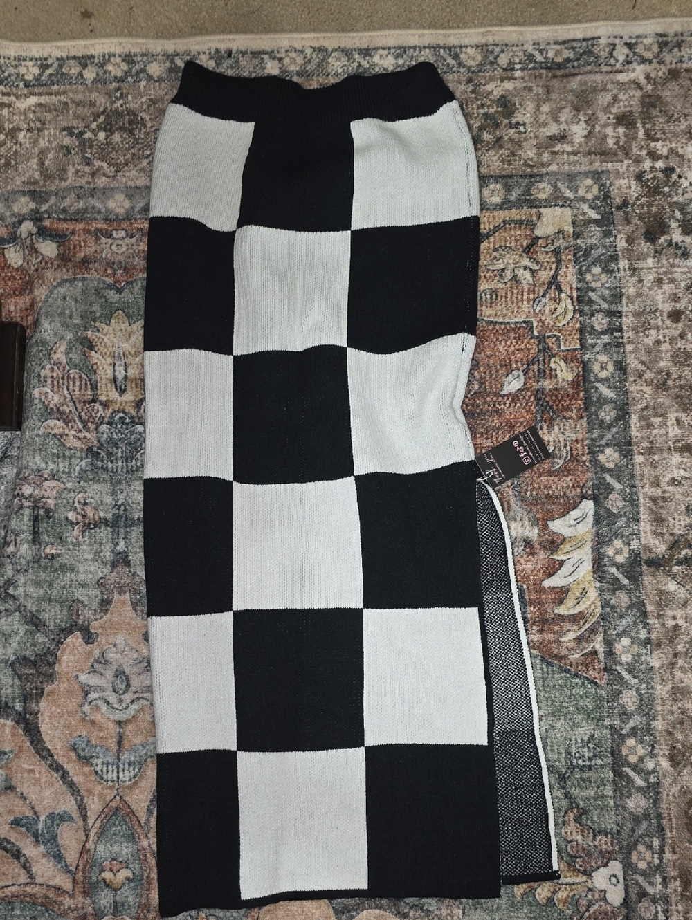 Black and White Checker Knit Midi Skirt